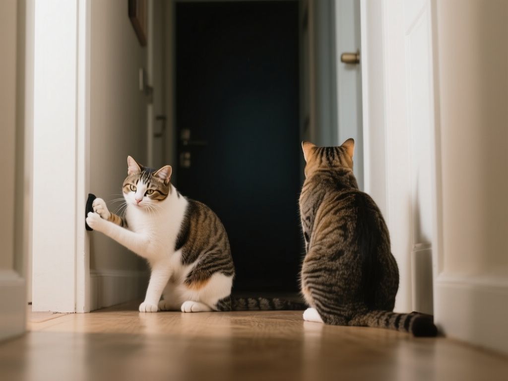 Two cats in a hallway, one grooming, the other stiff-backed