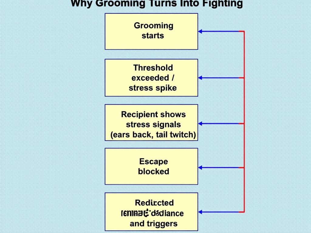 flowchart diagram titled “Why Grooming Turns Into Fighting”, boxes with arrows labeled “Grooming starts”, “Threshold exceeded / stress spike”, “Recipient shows stress signals (ears back, tail twitch)”, “Escape blocked”, “Redirected snap/chase”, ending box “Manage distance and triggers”