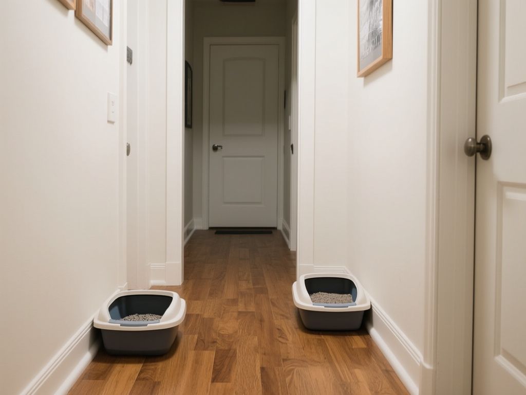 A home hallway with two litter boxes spaced apart