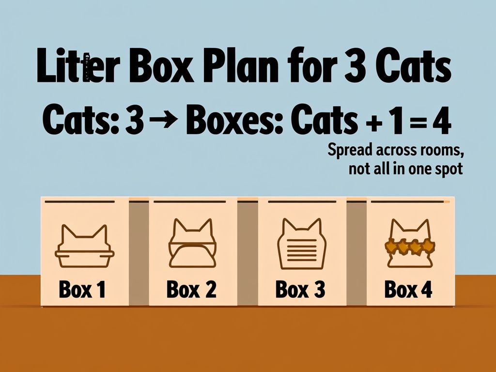 clean flat-style infographic titled 'Litter Box Plan for 3 Cats', show a row of 4 labeled boxes with icons: Box 1, Box 2, Box 3, Box 4; title text 'Cats: 3 → Boxes: Cats + 1 = 4'; include a small subtitle 'Spread across rooms, not all in one spot' on the right side