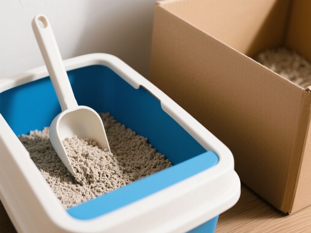 Close-up of a scooped litter box beside a second box