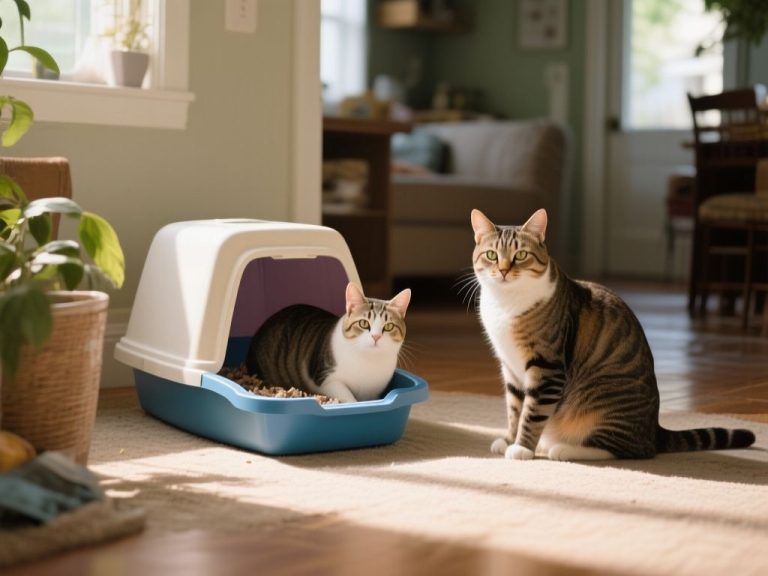 editorial hero image representing: litter box ratio for a 3-cat household, wide shot, natural lighting, high detail