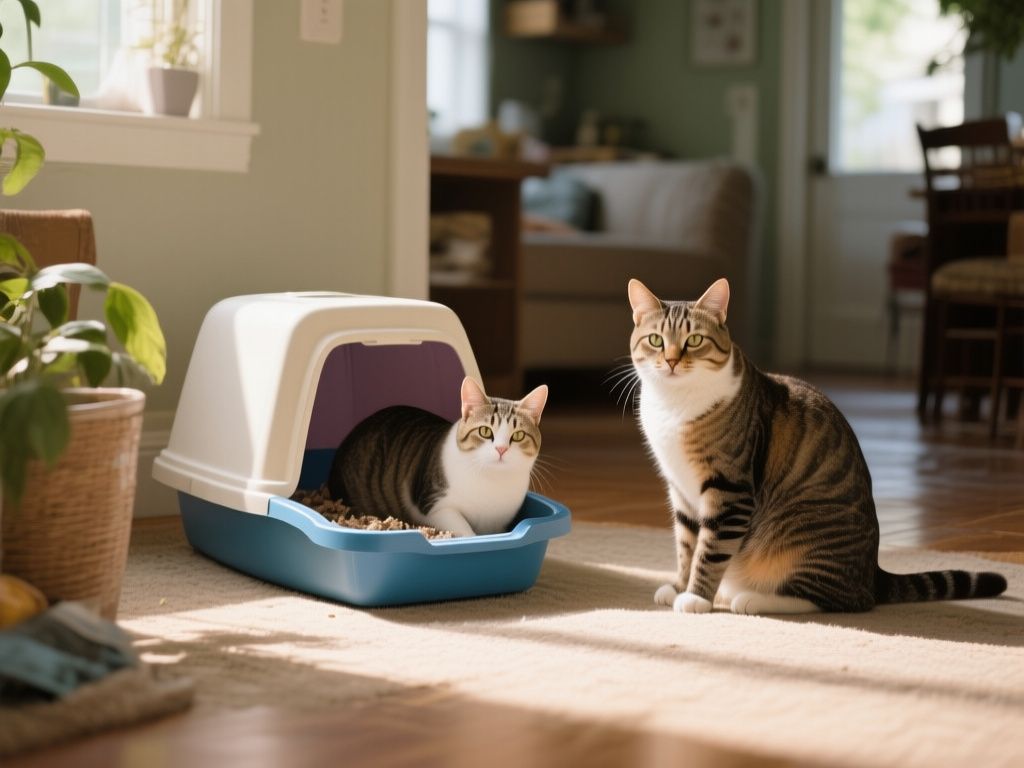 editorial hero image representing: litter box ratio for a 3-cat household, wide shot, natural lighting, high detail