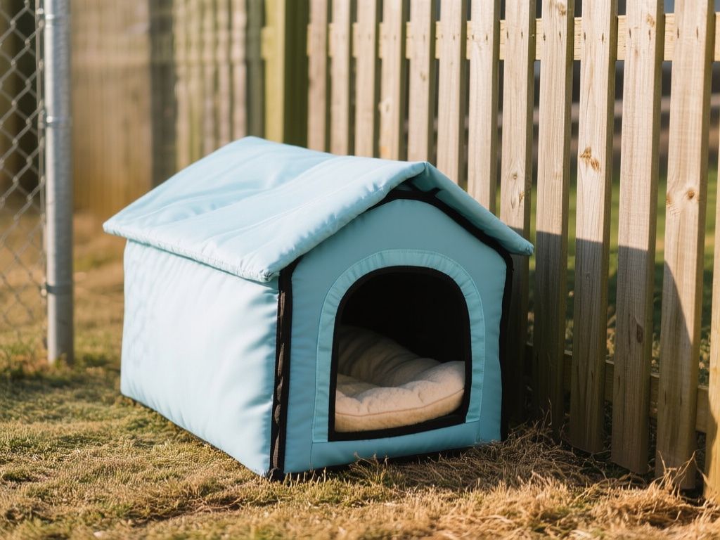 an insulated outdoor cat shelter beside a fence, dry bedding visible