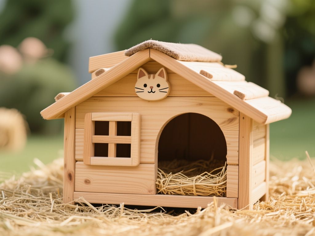 small wooden cat house with straw bedding and a covered entrance