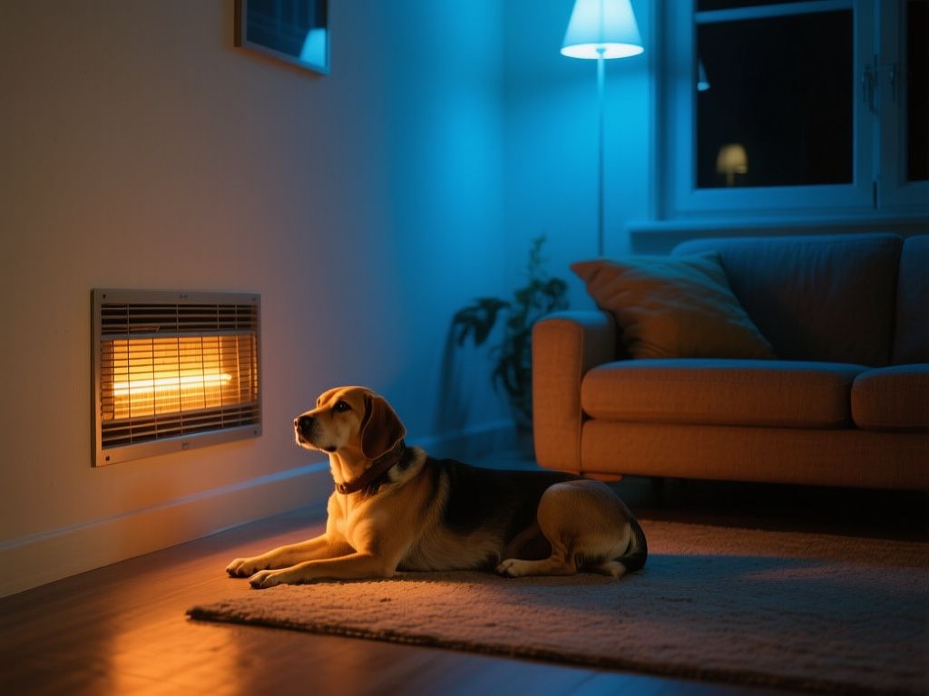 a living room at night with a dog lying near a warm heater vent