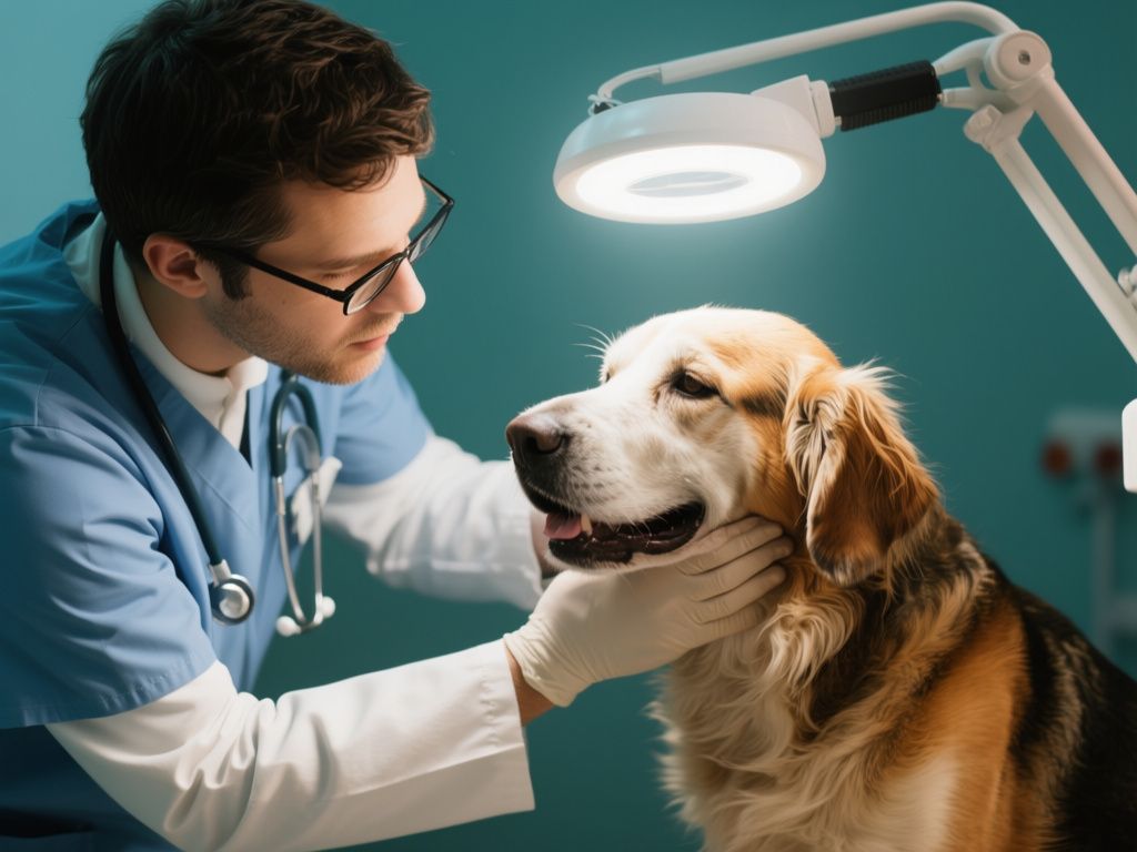 a veterinarian examining a panting dog with an exam light