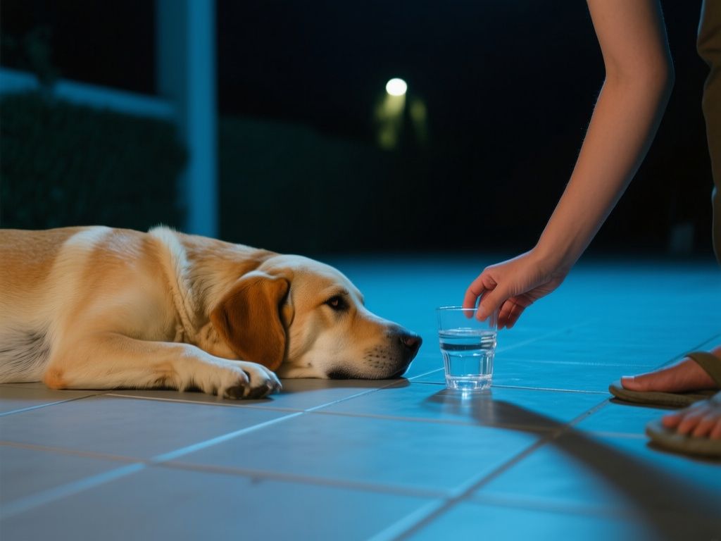 a calm dog on cool tile during nighttime, owner offering water nearby