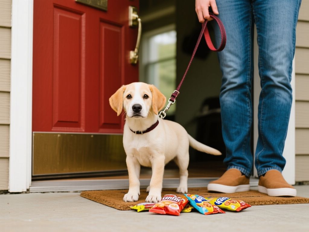 puppy and person standing by a backdoor with leash and treats