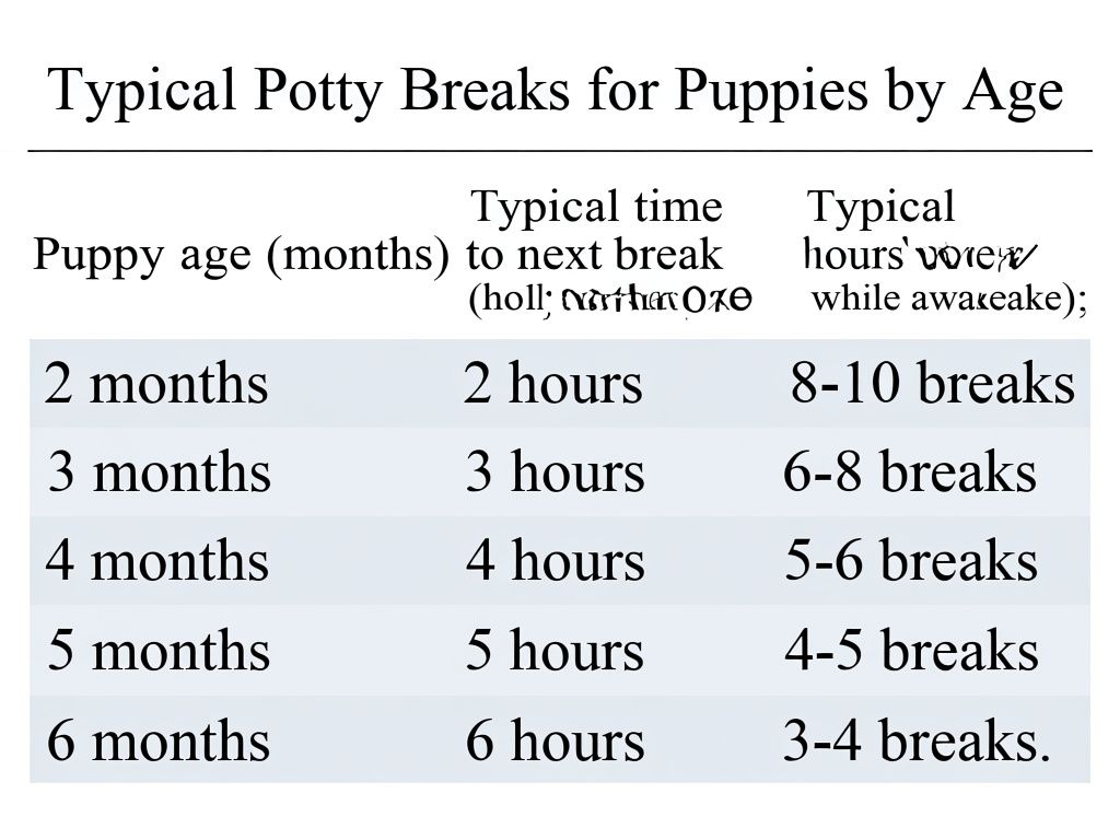 infographic titled 'Typical Potty Breaks for Puppies by Age', white background; include a table with columns 'Puppy age (months)', 'Typical time to next break (hours while awake)', 'Typical breaks per day while awake'; rows: 2 months, 2 hours, 8-10 breaks; 3 months, 3 hours, 6-8 breaks; 4 months, 4 hours, 5-6 breaks; 5 months, 5 hours, 4-5 breaks; 6 months, 6 hours, 3-4 breaks. Use bold sans-serif labels and dark text.