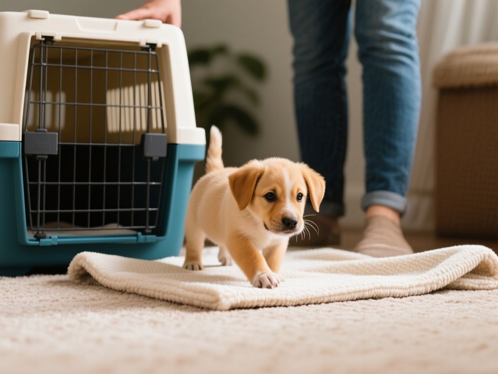 puppy waking on blanket near crate with person nearby
