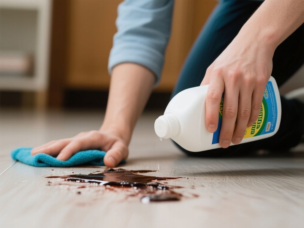 person cleaning small accident on floor with enzymatic cleaner bottle