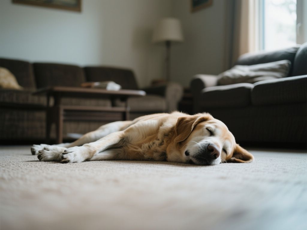 senior dog lying awake on a dim living room floor