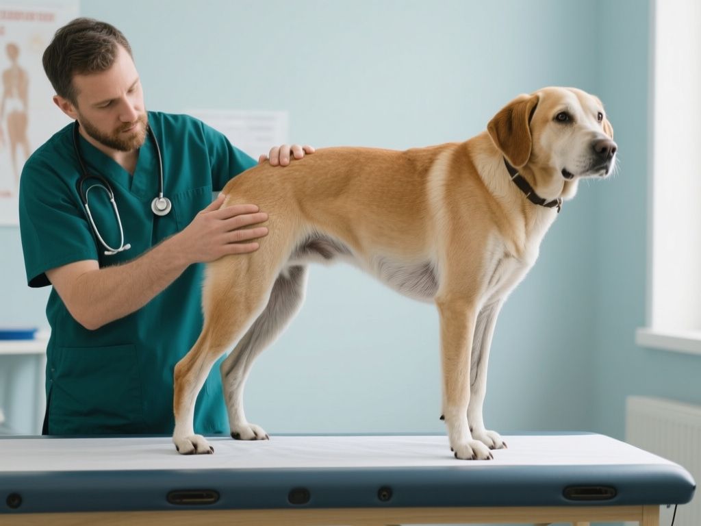 veterinarian gently checking an older dog’s hips and spine on exam table