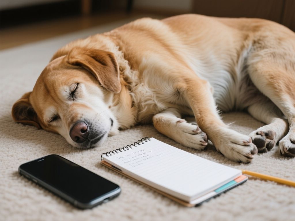 notebook and phone notes beside a sleeping older dog