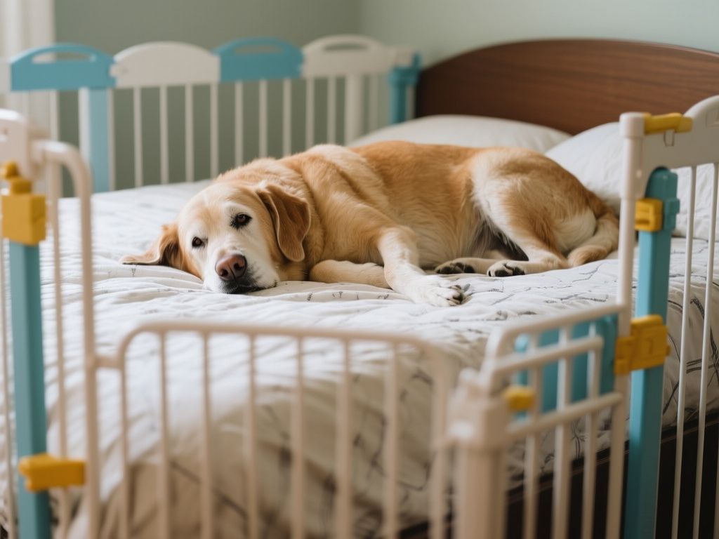 a senior dog resting on a familiar bed behind a baby gate