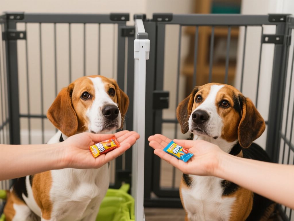 two dogs separated by a baby gate, treats in handler hands