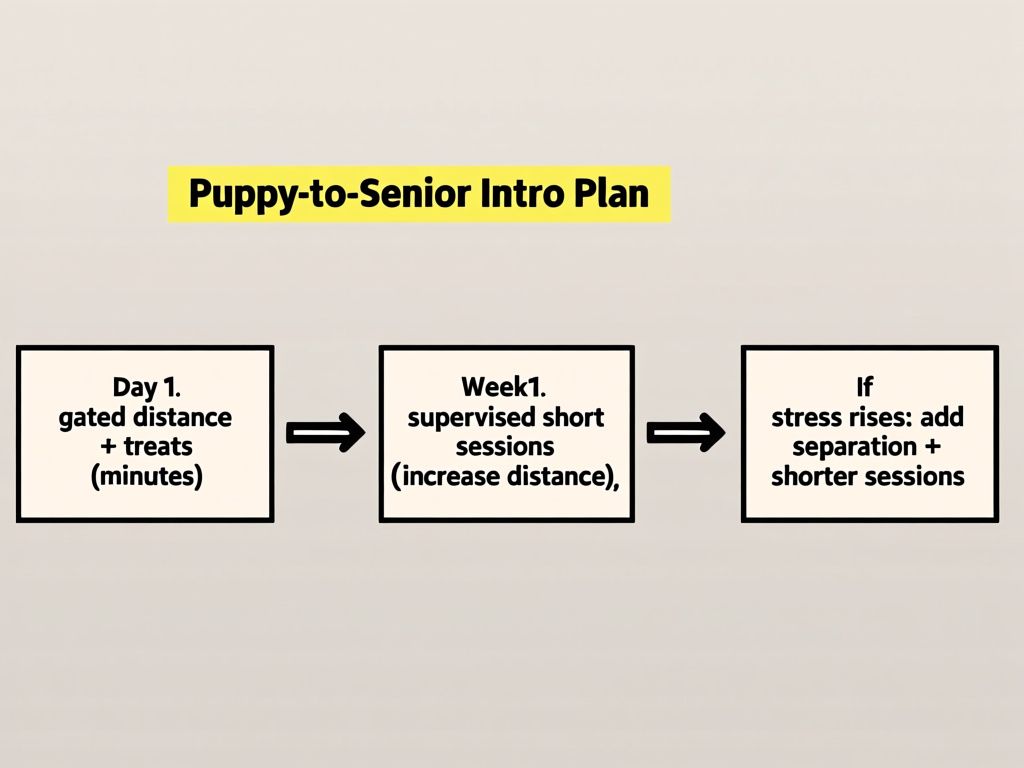 side-by-side flowchart titled 'Puppy-to-Senior Intro Plan' with three boxes: 'Day 1: gated distance + treats (minutes)', 'Week 1: supervised short sessions (increase distance), ' 'If stress rises: add separation + shorter sessions'; use simple black arrows and clear labels