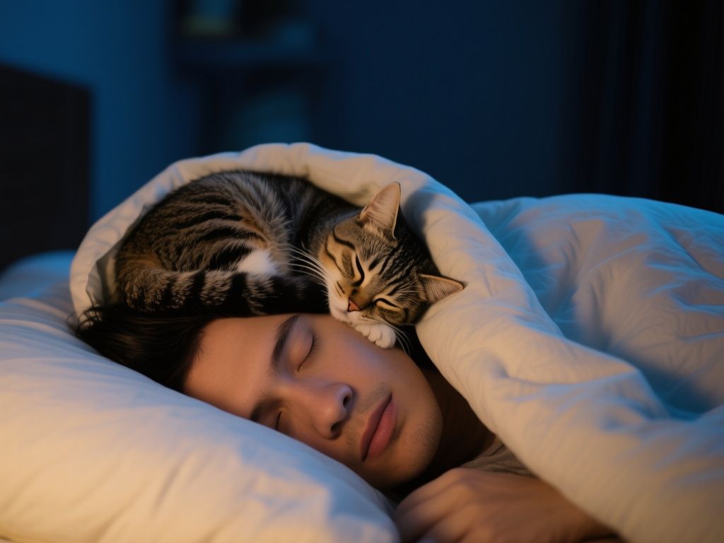 a cat curled on a sleeping person’s head under blankets at night