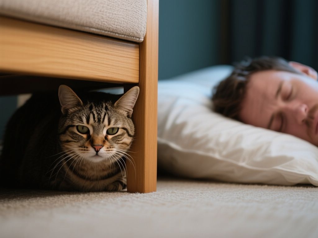 a stressed cat hiding behind furniture while a person sleeps