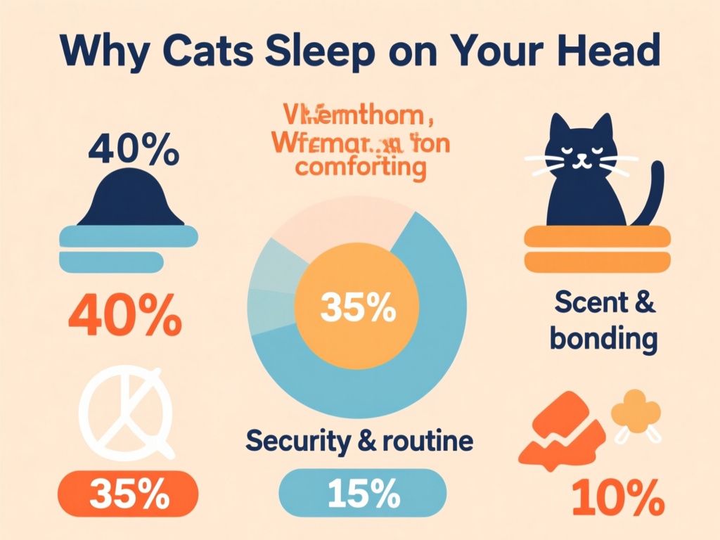 infographic titled 'Why Cats Sleep on Your Head' with icons and percentages based on categories shown: 'Warmth & comfort' 40%, 'Scent & bonding' 35%, 'Security & routine' 15%, 'Vigilance/monitoring' 10%