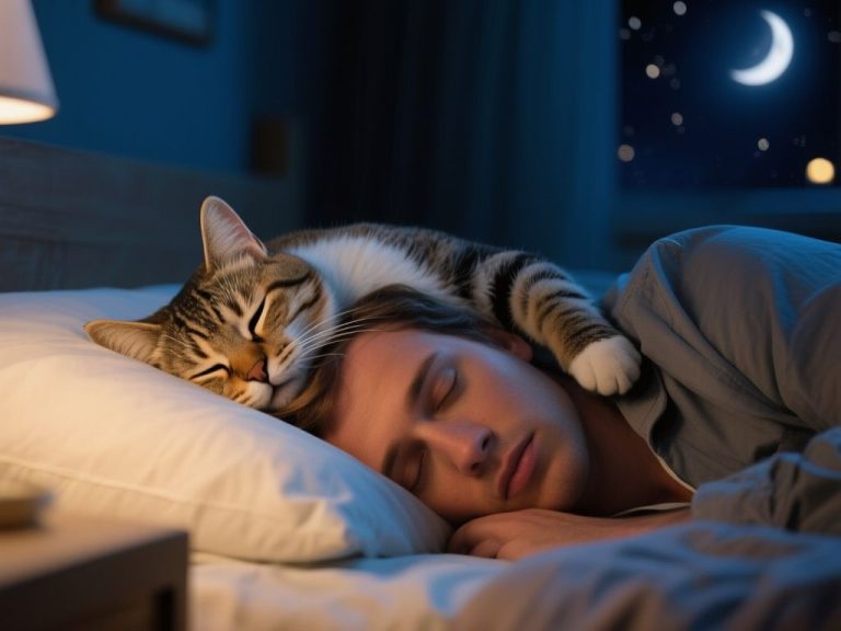 editorial hero image representing: Why Does My Cat Sleep on My Head at Night, wide shot, natural lighting, high detail
