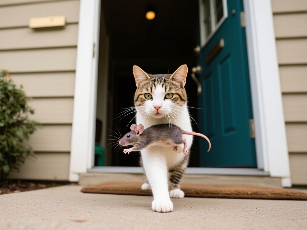 a cat carrying a small dead mouse outside a home entrance