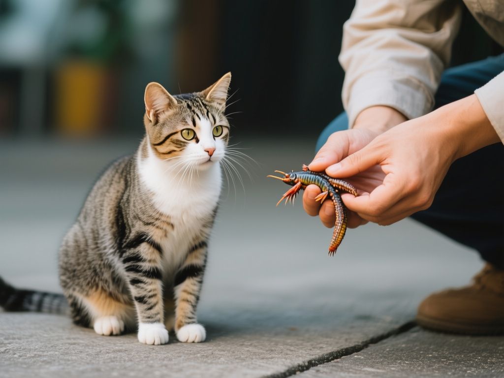 a cat waiting near its owner holding a small toy or prey