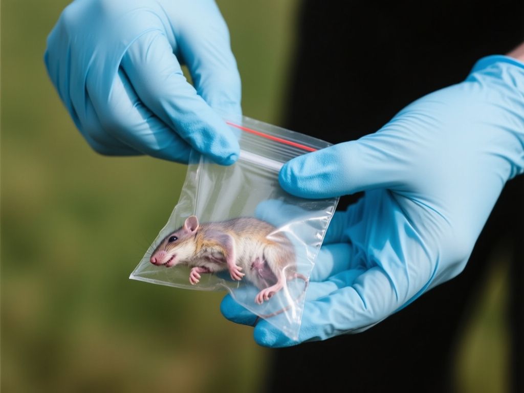 gloved hands collecting a small dead animal into a sealed bag