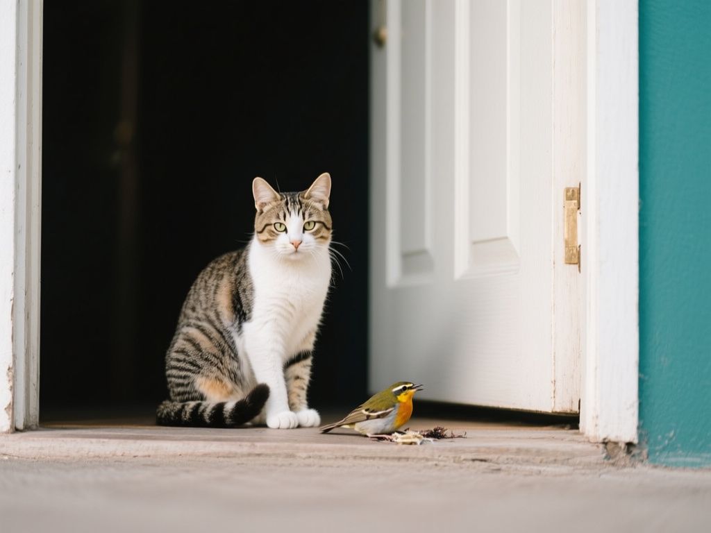 a cat calmly sitting with a small caught bird near a doorway
