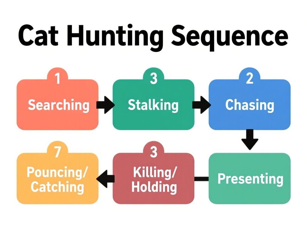 clean flat-style infographic titled 'Cat Hunting Sequence', with numbered boxes and arrows reading 'Searching → Stalking → Chasing → Pouncing/Catching → Killing/Holding → Presenting' on a white background, readable sans-serif text