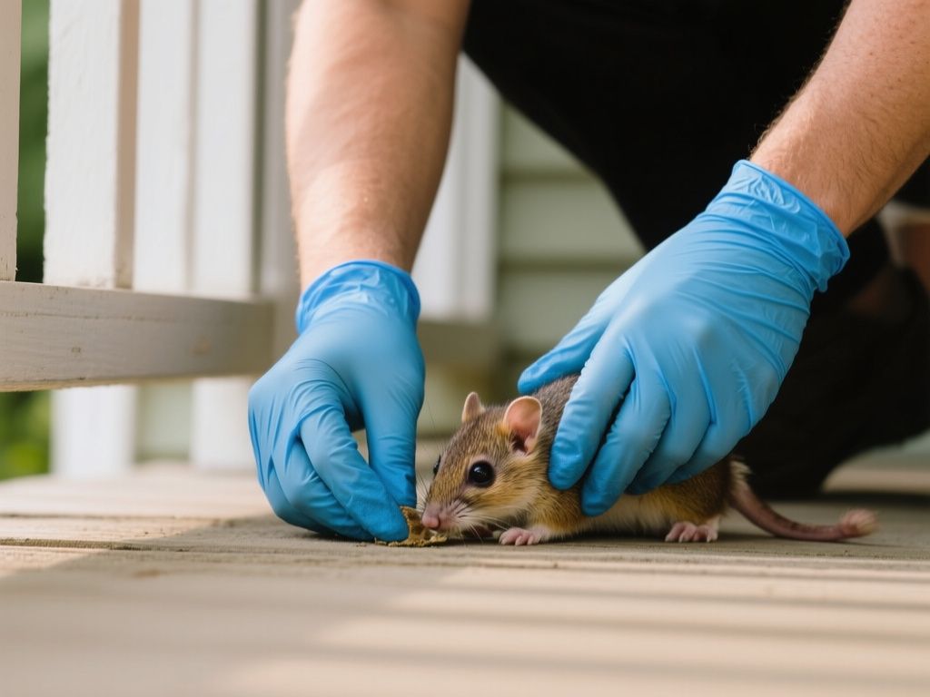 gloved hands picking up a small animal from a porch floor