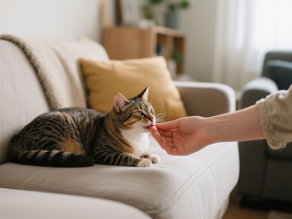 a living room scene with a cat resting on a couch while gently mouthing a person’s hand