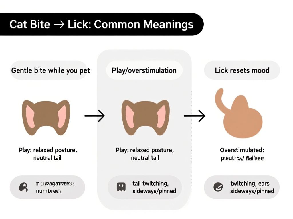 infographic titled 'Cat Bite → Lick: Common Meanings', three-column flow chart with arrows. Left column 'Gentle bite while you pet' leading to middle 'Play/overstimulation' leading to right 'Lick resets mood'. Include small side labels near each arrow: 'Play: relaxed posture, neutral tail' and 'Overstimulated: tail twitching, ears sideways/pinned'. White background, clean sans-serif text, readable icons for ears and tail. Numbers: no numbers needed.