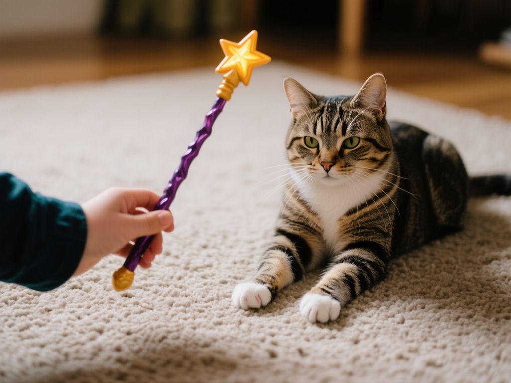 person holding a wand toy near a cat’s front paws on a carpeted floor