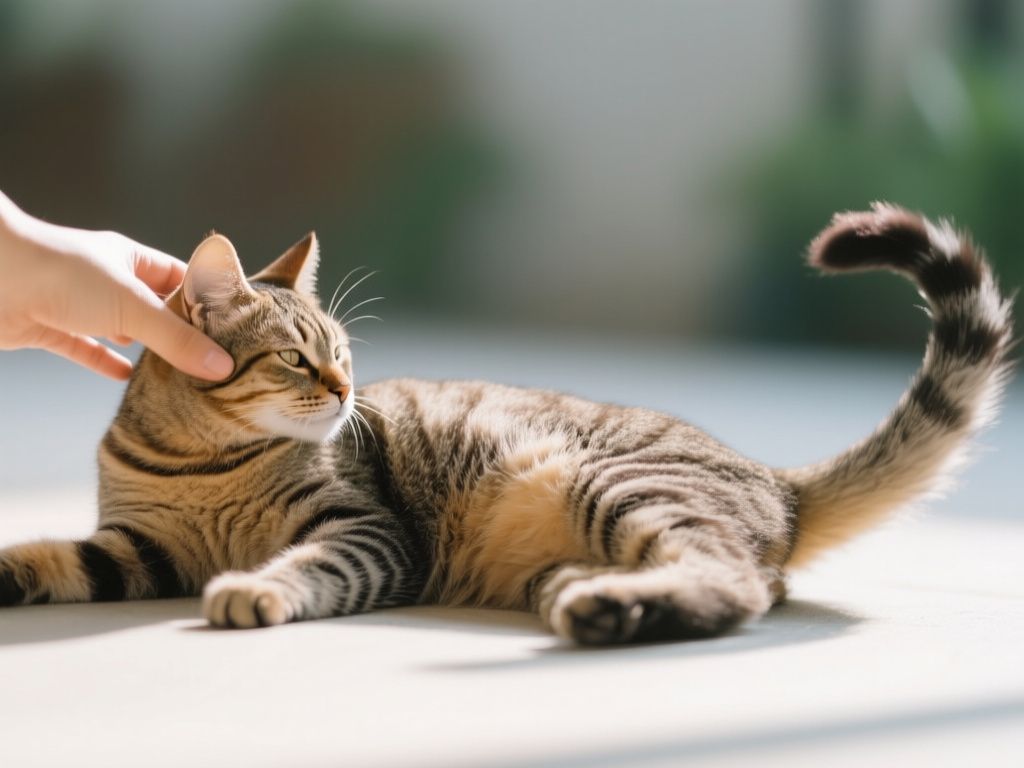 a relaxed cat leaning into petting, tail gently swishing