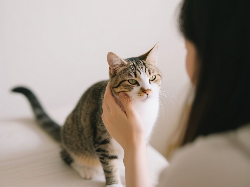 person gently stroking a cat’s cheek while tail stays relaxed