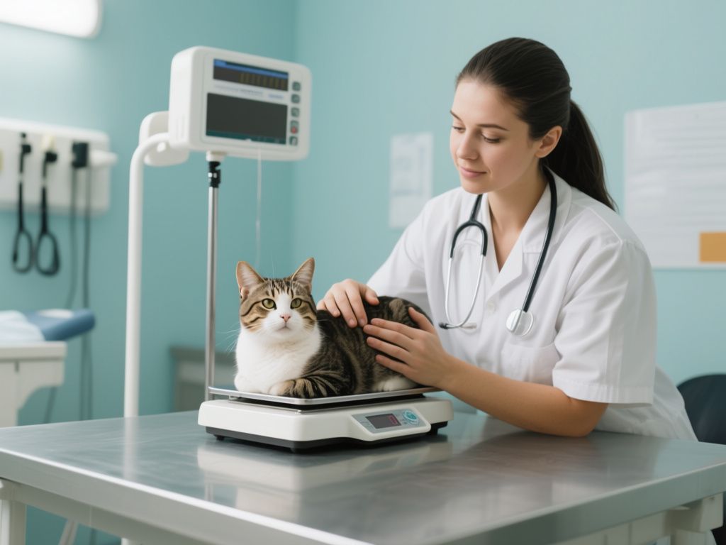 vet exam room with cat on scale and relaxed handling