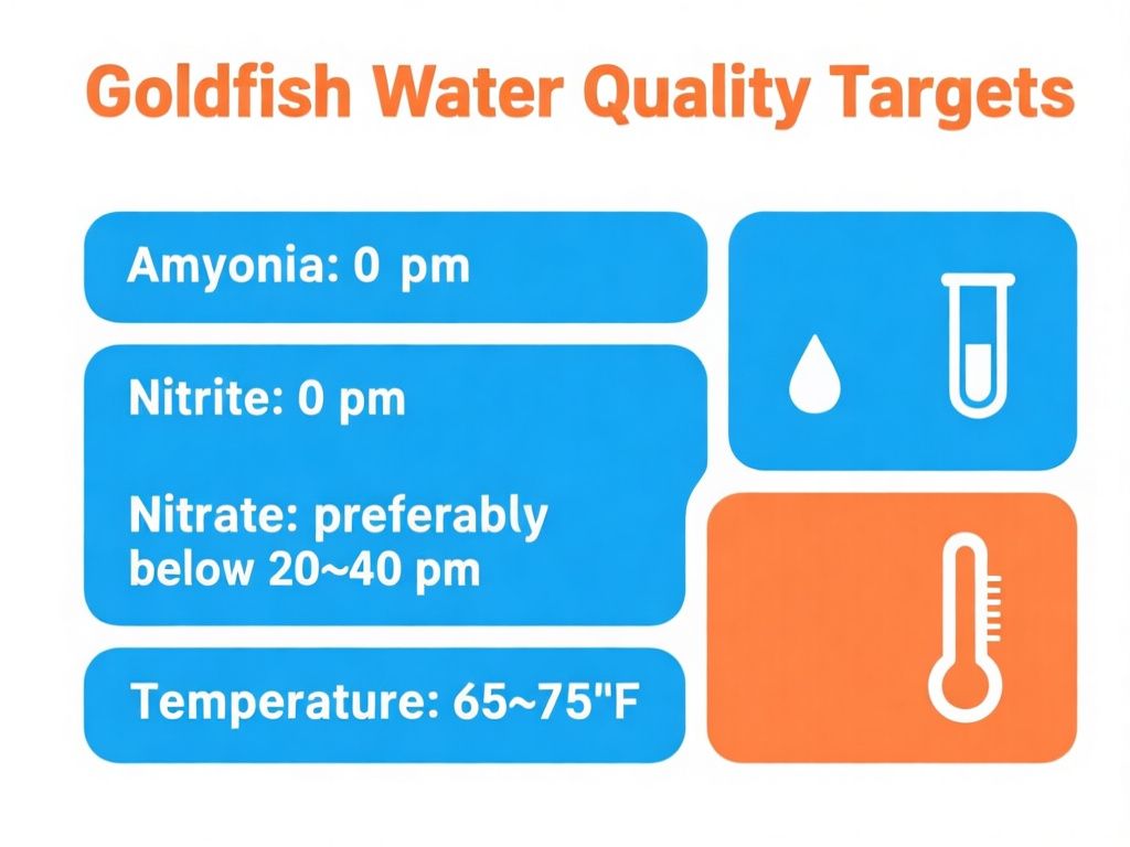 clean educational infographic titled “Goldfish Water Quality Targets,” with four labeled sections: “Ammonia: 0 ppm,” “Nitrite: 0 ppm,” “Nitrate: preferably below 20–40 ppm,” and “Temperature: 65–75°F”; include simple icons for test tubes, water drops, and a thermometer, white background, blue and orange color palette, highly legible sans-serif text