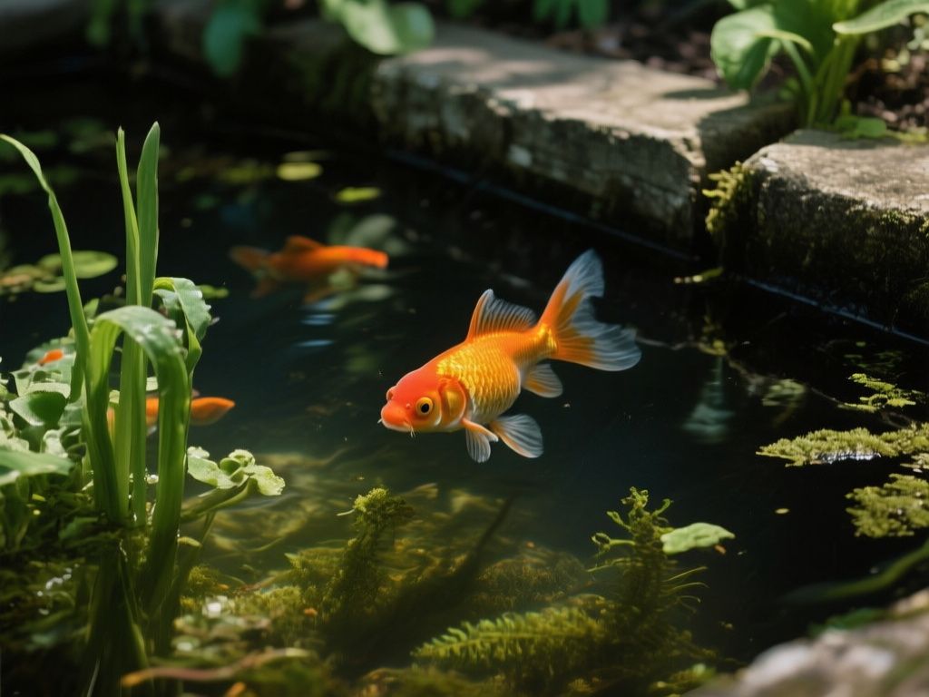 mature goldfish swimming beneath aquatic plants in a shaded backyard pond