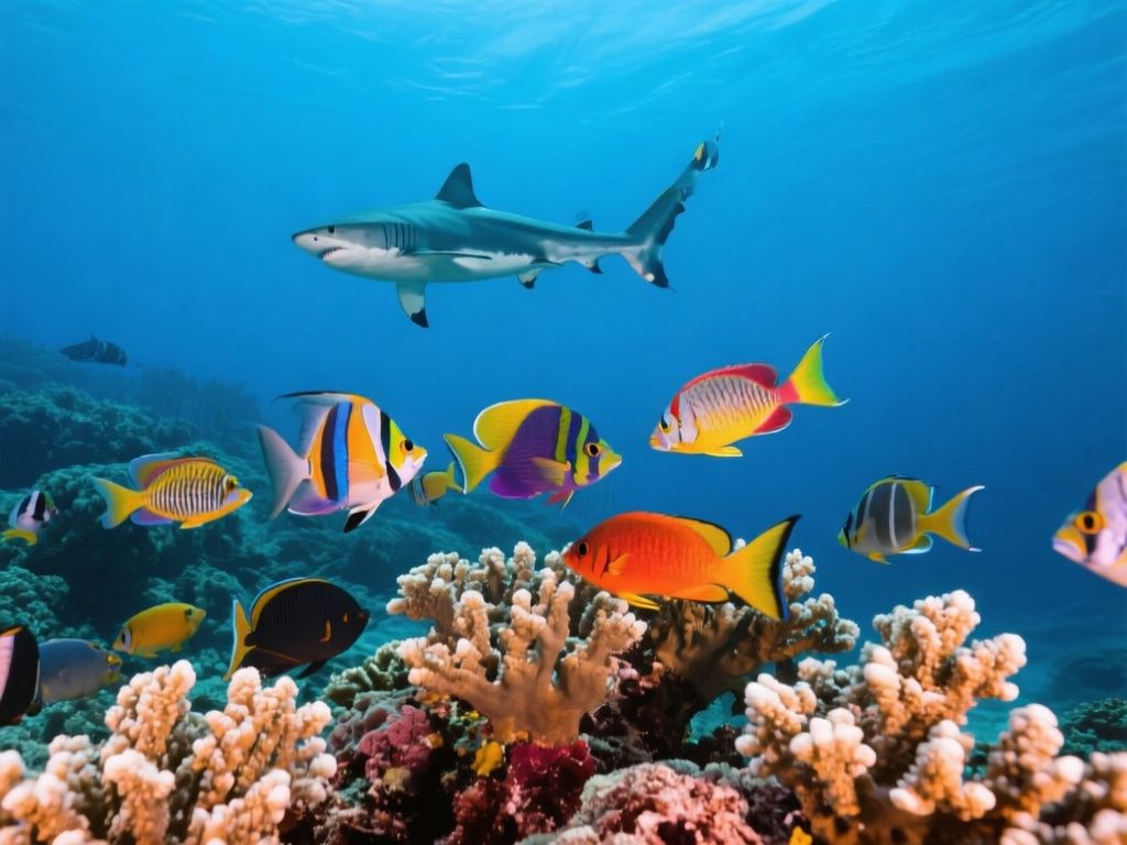 colorful reef fish swimming above coral, with a shark visible in the distance