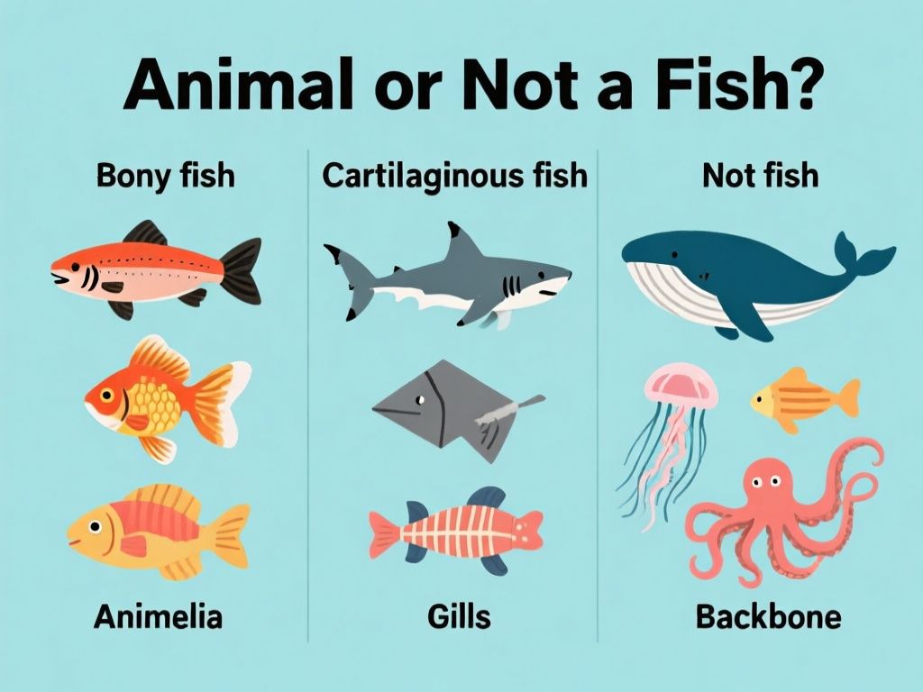 clean educational infographic titled “Animal or Not a Fish?” with three labeled columns: “Bony fish” showing salmon and goldfish, “Cartilaginous fish” showing shark and ray, and “Not fish” showing whale, jellyfish, and octopus; include exact labels “Animalia,” “Vertebrate,” “Gills,” and “Backbone” beside the fish groups, with simple accurate illustrations and large readable sans-serif text