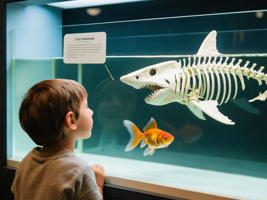 child observing a goldfish aquarium beside a labeled shark skeleton display