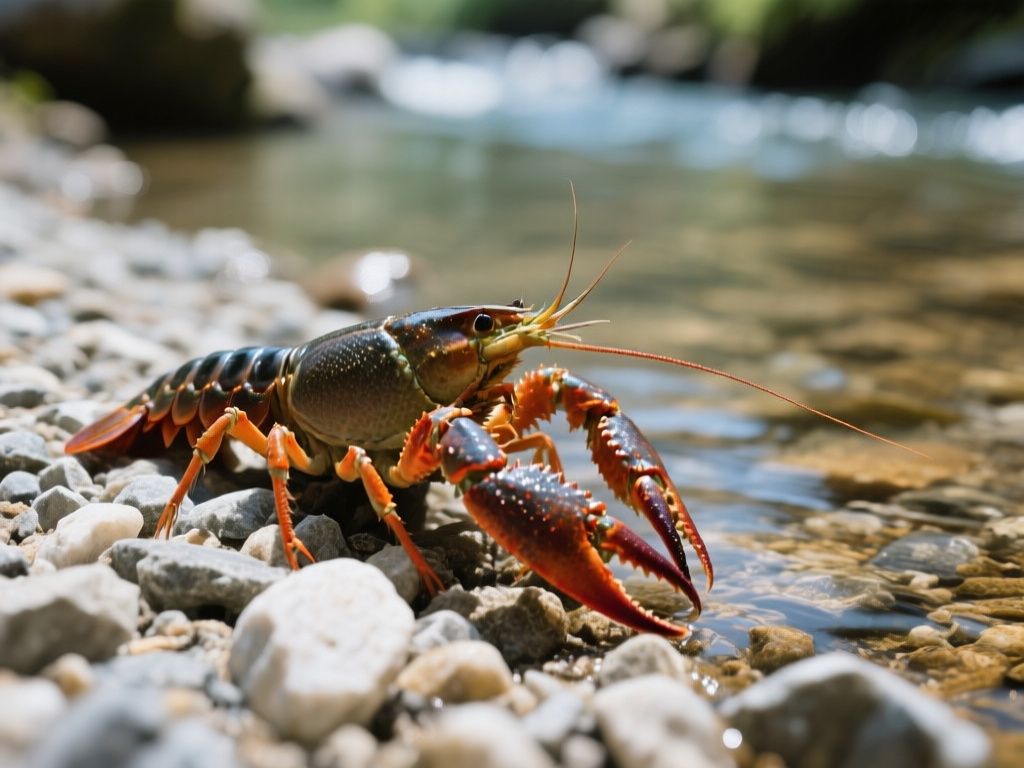 close-up crawdad resting on gravel beside a clear shallow stream