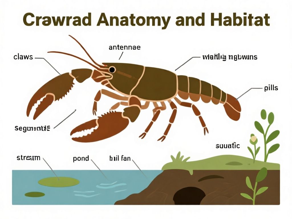 clean educational infographic titled “Crawdad Anatomy and Habitat,” with a labeled crawdad diagram showing “claws,” “antennae,” “walking legs,” “segmented abdomen,” “tail fan,” and “gills,” plus a simple freshwater habitat scene labeled “stream,” “pond,” “burrow,” and “aquatic plants”; white background, accurate readable sans-serif text, natural brown and olive color palette