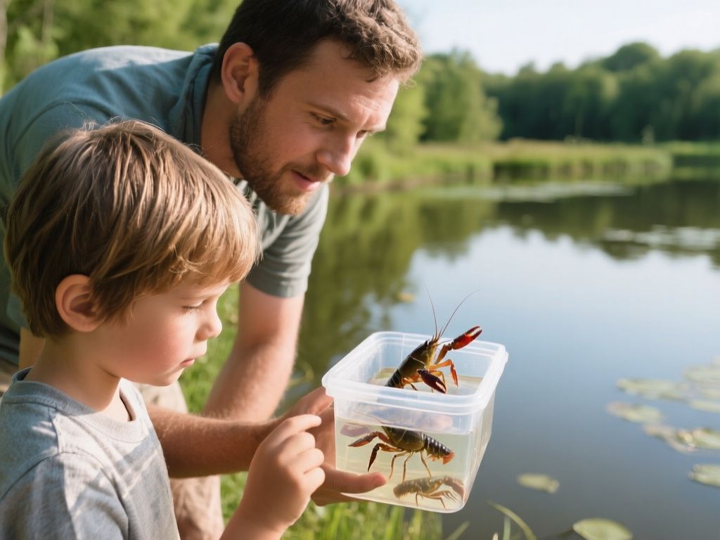 child and adult observing a crawdad in a clear container beside a pond